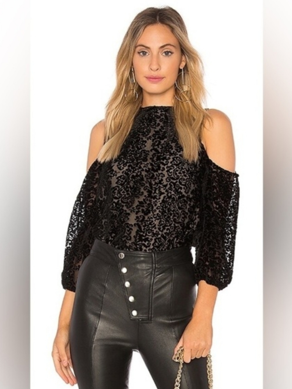 Alice + Olivia Hallie Cold-Shoulder Blouse Velvet Devore Burnout Black/Nude Sz S